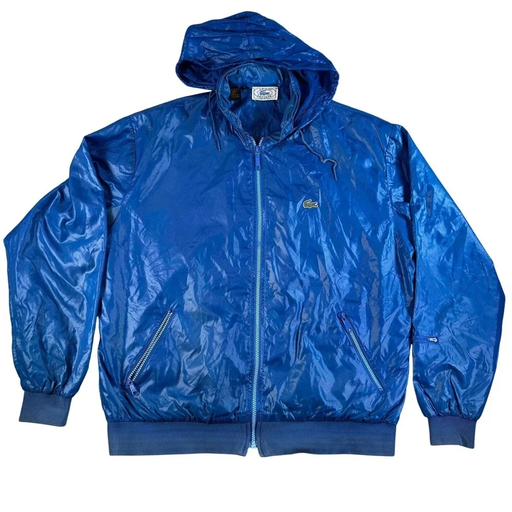 Vintage Izod Lacoste Mens XL Blue Full Zip Hooded Windbreaker Jacket 80s 90s